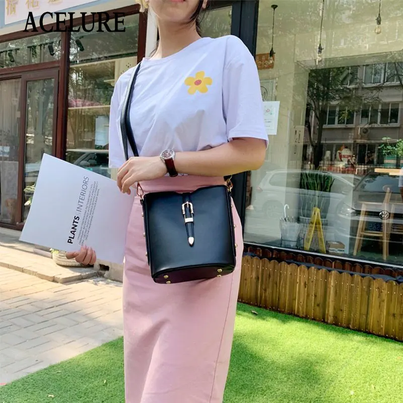 

ACELURE Модные маленькие сумки-ведра, Женская однотонная сумка-мессенджер через плечо, однотонные женские Сумки из искусственной кожи, Прямая ...