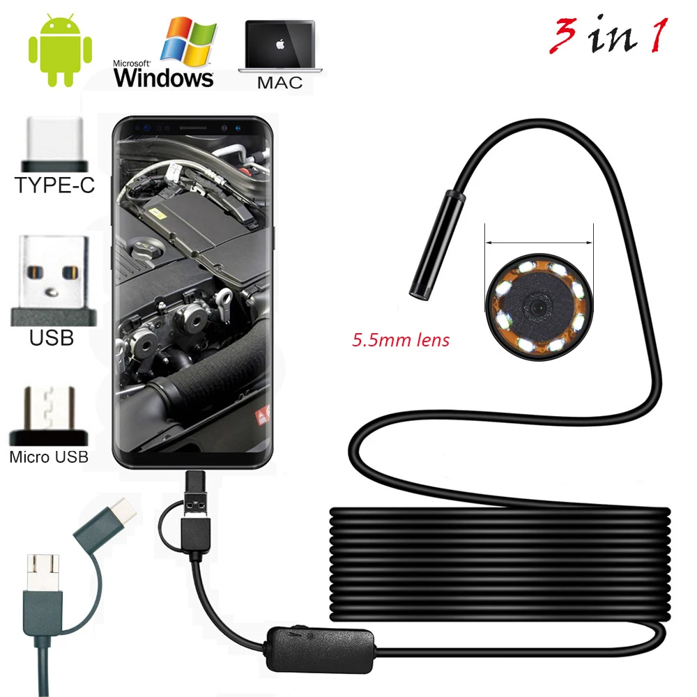 

New 1m 2M 1.5m Wire Mini Endoscope Camera 5.5mm Lens For Android Type-C/USB Borescopes Waterproof Led Lighting Inspection Camera