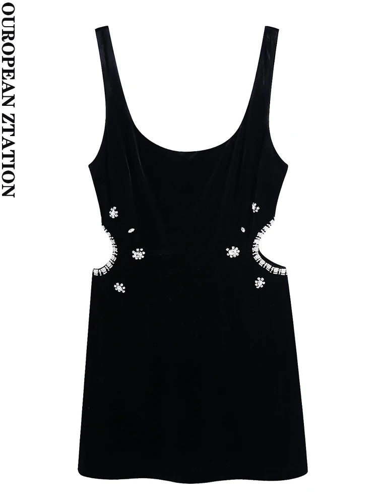 

Women 2021 fashion with rhinestone hollow out velvet mini dress vintage backless zipper wide straps female dresses vestidos