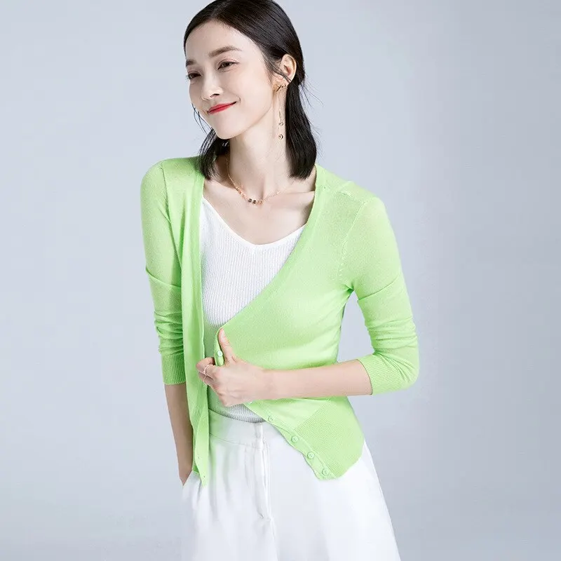 Женская тонкая куртка с длинным рукавом синий зеленый однобортный Кардиган