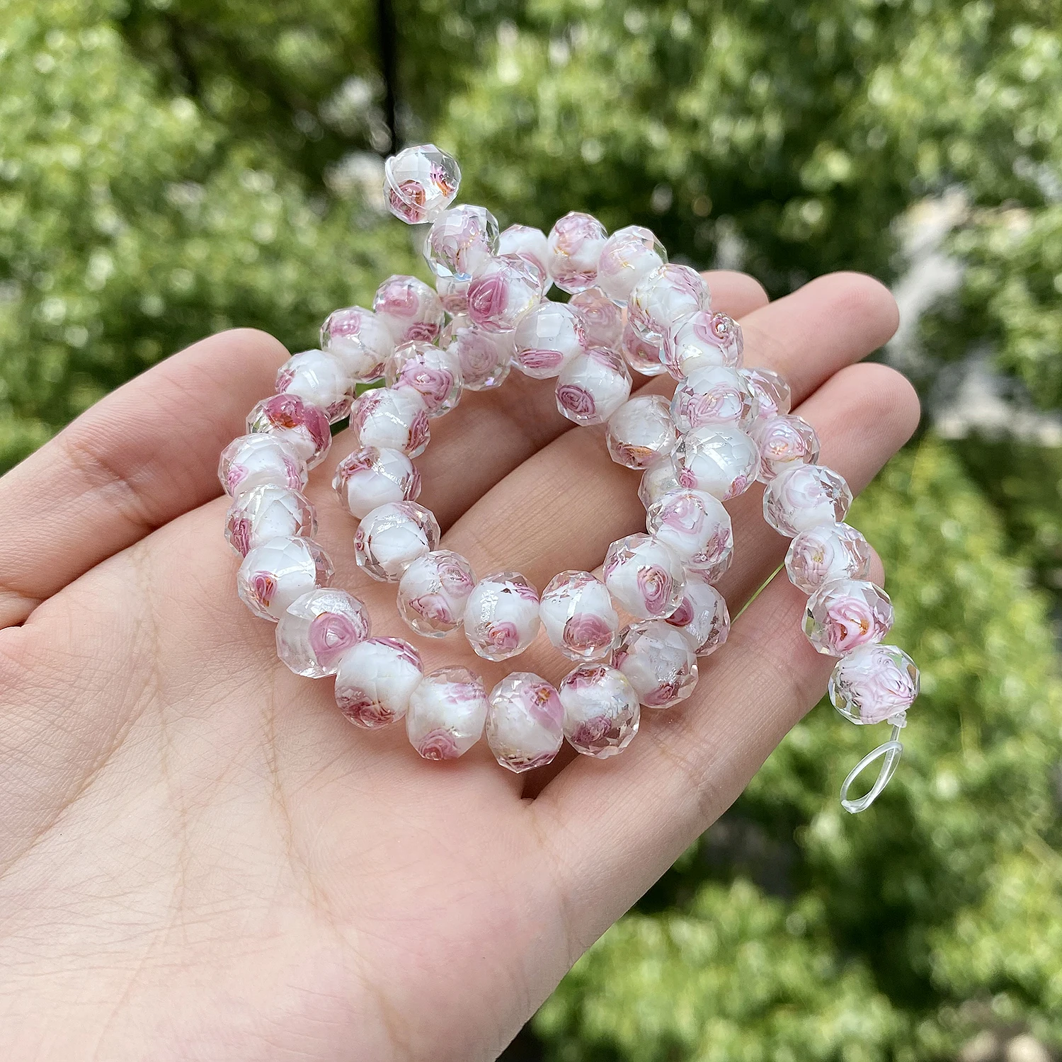 

10mm Murano Glass Bead Faceted Rondelle White+Pink Flower Gold Sand Lampwork Crystal Beads for Jewelry Making DIY Bracelet 15''