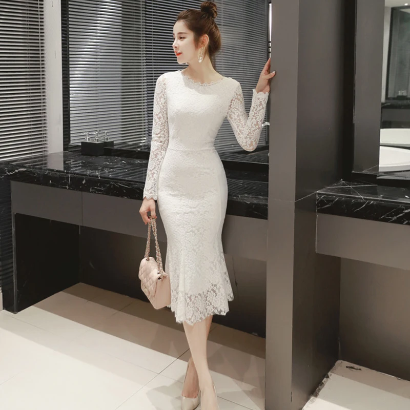 

Womens Vintage Lace Dress 2019 New Autumn Elegant Fitted Bodycon Long Sleeve Black White Mermaid Sheaht Cocktail Party Dresses