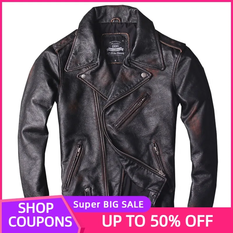 

2021 Vintage Brown Motorcycle Style Genuine Leather Jacket Men Plus Size 4XL Real Natural Cowhide Autumn Slim Fit Biker's Coat