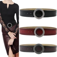 fashion women vintage hollow genuine leather wide belt metal beads round buckle decorative belts for dress waistband for jeans