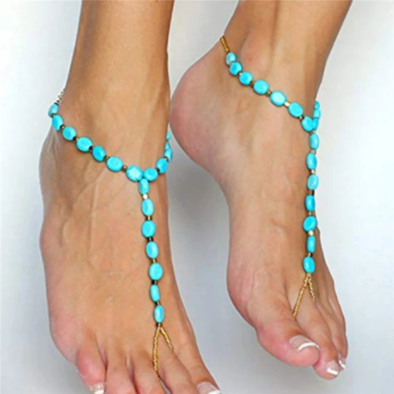 

Браслет на ногу женский с голубыми камнями, пляжный ювелирный украшение на лодыжку с рисовыми бусинами