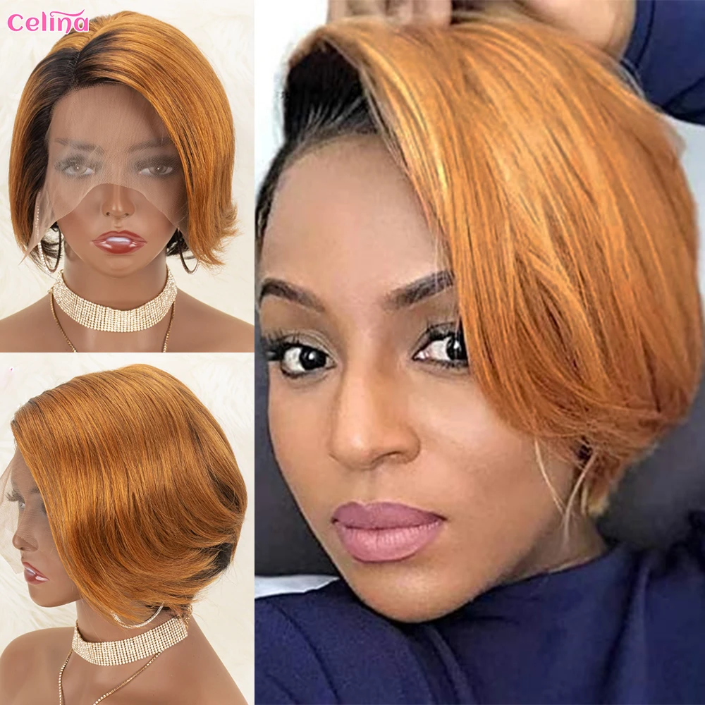 

Straight Bob Pixie Cut Wig Short Lace Front Human Hair Wigs Blonde Ombre Color Part Lace Human Hair Wig Remy Wig For Black Women