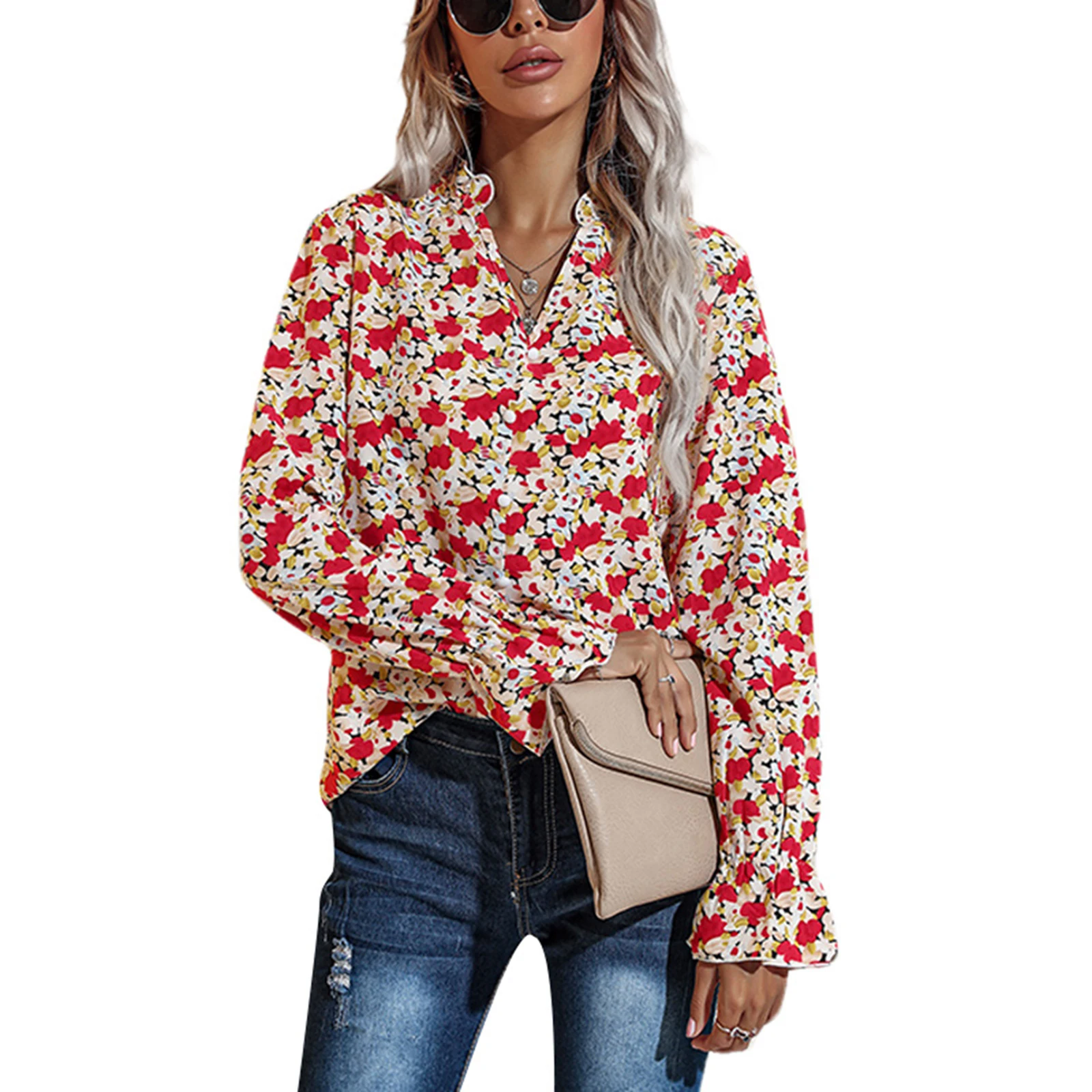 

Женская Повседневная рубашка, рубашка для взрослых с цветочным принтом, V-образным вырезом, длинным рукавом и пуговицами (зеленый, красный)