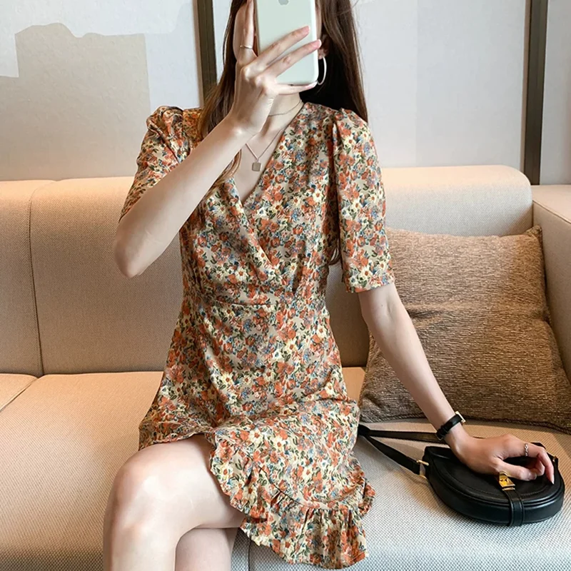 

Plus Size V Neck Floral Mini Vintage Casual Spring Beach Summer Clothes Dress For Women'S Vetement Femme 2021 Sukienka Sundress