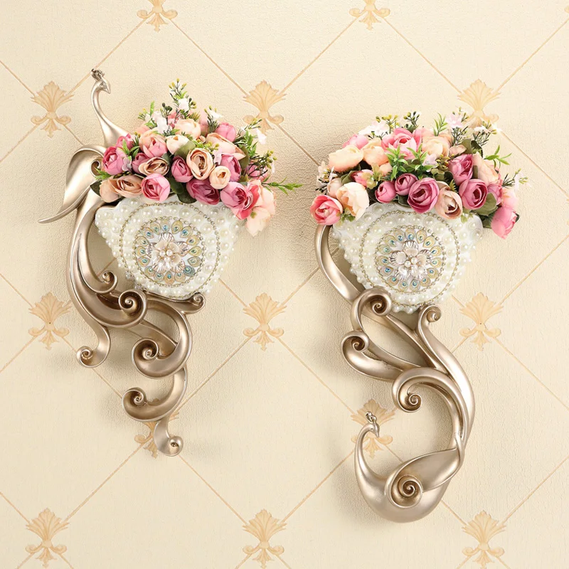 

European 3D Stereo Wall Hanging Phoenix Resin Vase+Artificial Flower Decoration Crafts Home Livingroom TV Wall Background Murals
