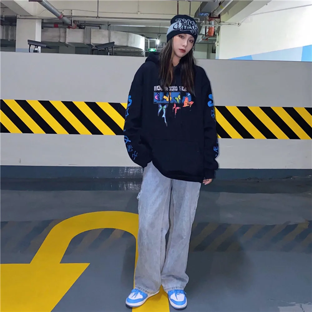 

Autumn and winter new INS national tide retro butterfly letter printing hooded plus velvet sweater hoodie tops for men and women