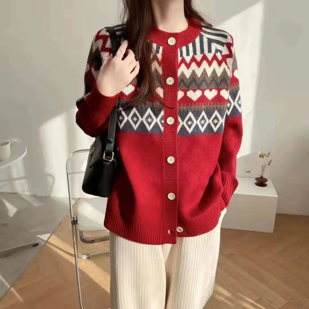 Women's Knitted Cardigan Argyle heart Pattern O Neck Long Sleeves Loose Sweater Wholesale 2021 Winter New Fashion Lady Clothing