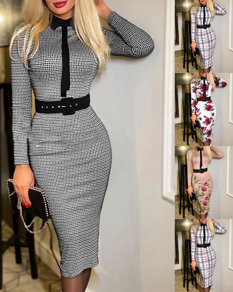 

Women Autumn Spring Bodycon Midi Dress Sexy Long Sleeve Lapel Collar Slim Plaid Floral Print Elegant Office Lady Pencil Dresses