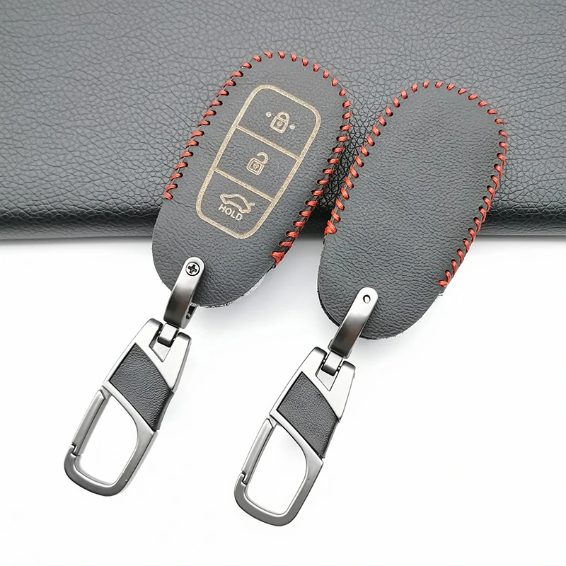 

Hot sale 3 button Leather Car Key Fob Set Case Cover For Hyundai Encino KONA 2018 3 button Car Key Leather keychain accessories