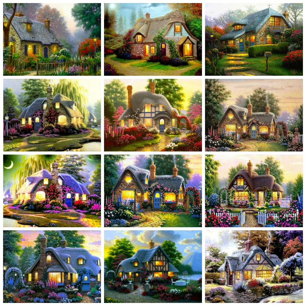 

HUACAN Diamond Embroidery House Handicraft Full Drill Diamond Painting Landscape Mosaic Garden Picture Of Rhinestone Wall Art