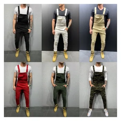 

Wish men's suspenders denim jumpsuits torn denim trousers popular overalls in 6 colors