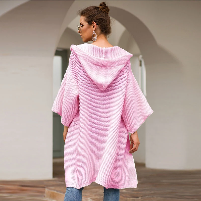AIUJXK 2019 Autumn Winter Women Long Cardigans Fashion Hooded Casual Loose Knitted Sweaters Female Pink Cardigan Sweater Coat |