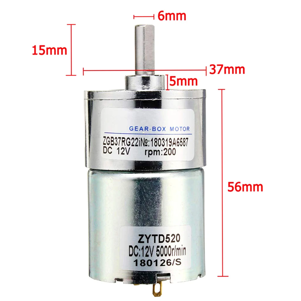 

ZGB37RG DC12V 200RPM 6mm Shaft Diameter Cylindrical Permanent Magnet Reduction Gear Motor DIY Robot Micro Metal Gear Motor