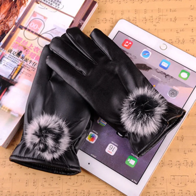 

Leather gloves Female autumn winter thick warm cycling gloves women driving plus velvet cute rabbit fur touch screen gloves E93