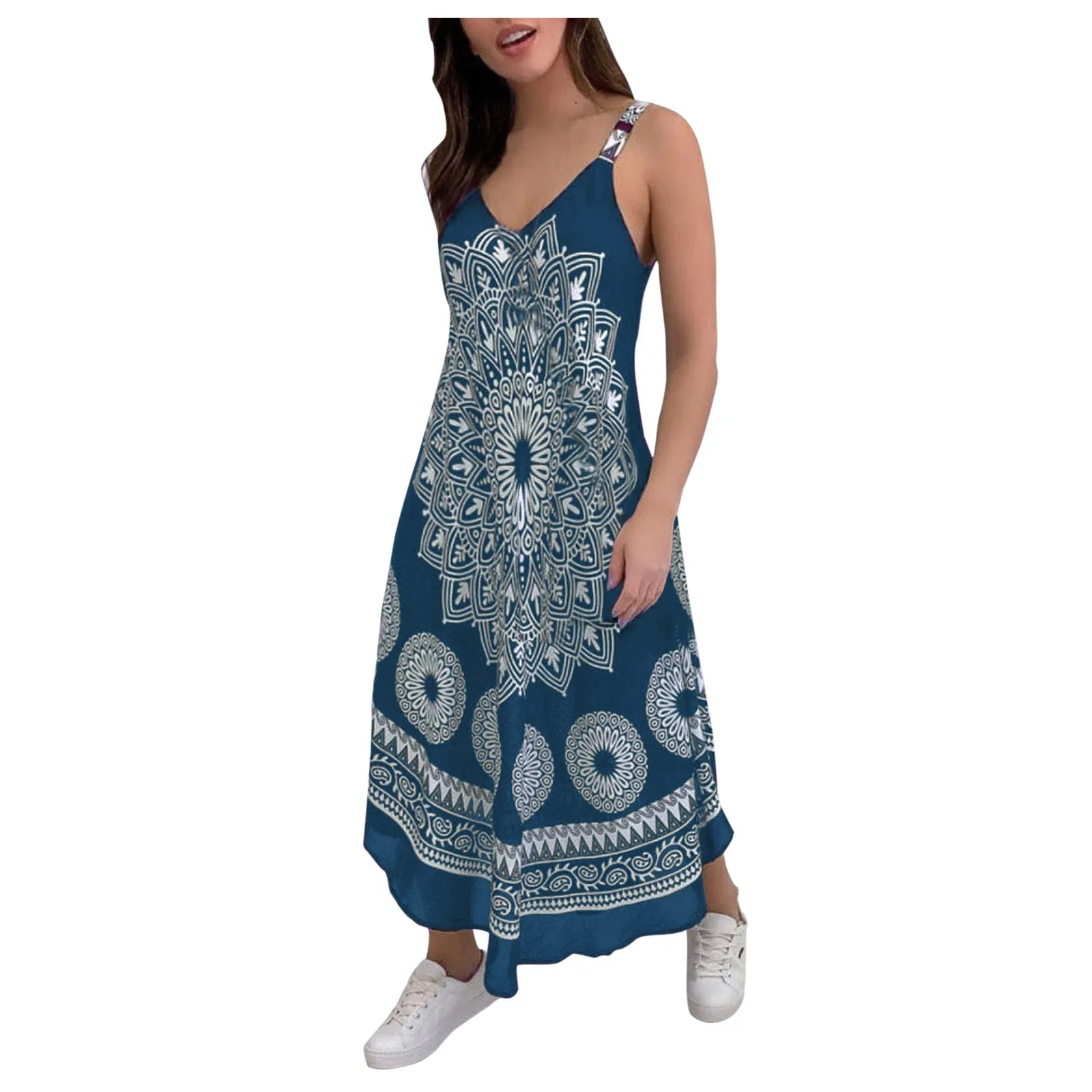 

2021 Vintage Print Long Boho Dress Womens Lady Beach Summer Dress 2021 Casual Sundress Suspender Robe Femme Sukienki Damskie