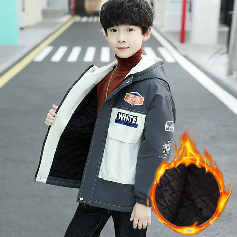 

Winter Polyester Jacket For Boy New 2021 Korean Version Fashion Keep Warm Coat Hooded Print Patchwork Casual Children's Clothing
