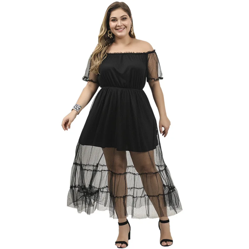 

Elegant Party Woman Dress Evening Dresses Large Sizes Summer Dresses Ladies 2021 Perspective Lace Sleeve Off The Shoulder Solid