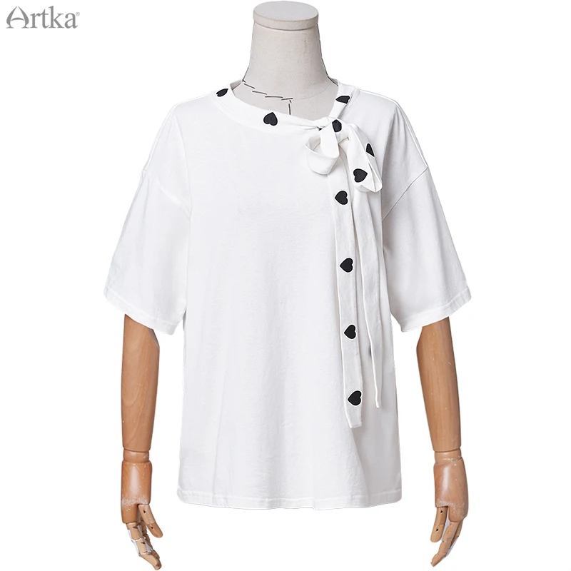 

ARTKA 2020 Summer New Women T-shirt Fashion Simple Pure Cotton White T-shirt Loose O-Neck Bow Lace Up T-shirts TA25308X