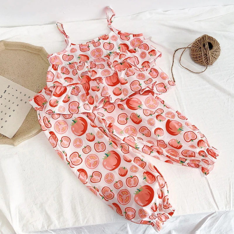 

Summer Girls' Clothing Sets Fashion Fruit Print Suspender Top+ Bloomer Pants 2PCS Suits Baby Kids Outfits Suit Children Clothing