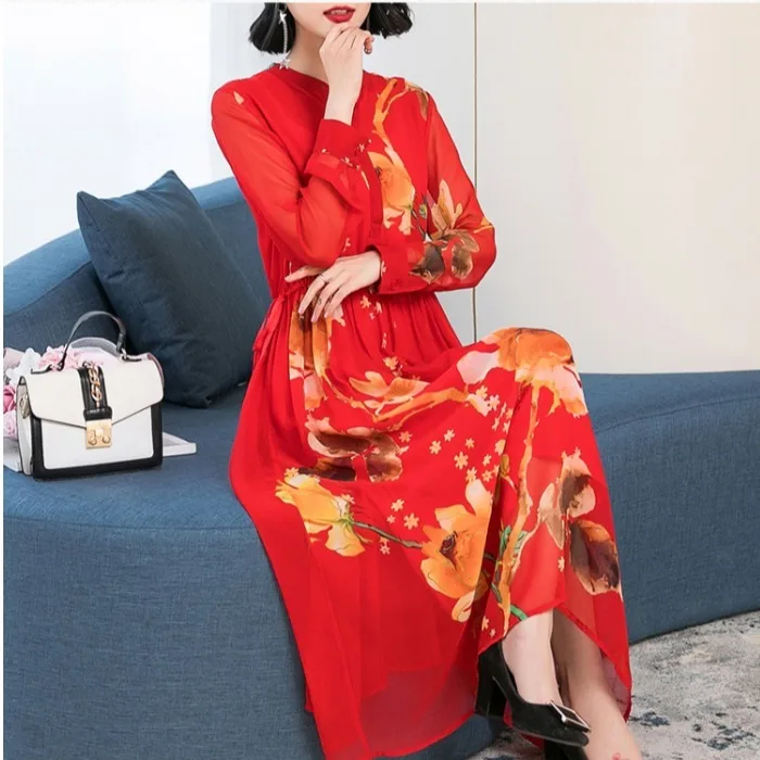 Женское длинное шелковое вечернее платье элегантное пляжное с цветочным принтом