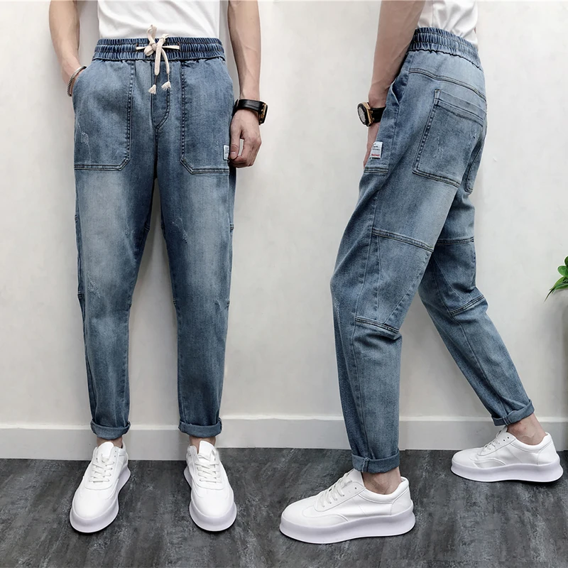 

Мужские Синие рваные джинсы-карандаш, потертые шаровары до щиколотки с большими карманами, брюки со средней эластичной резинкой на талии, л...