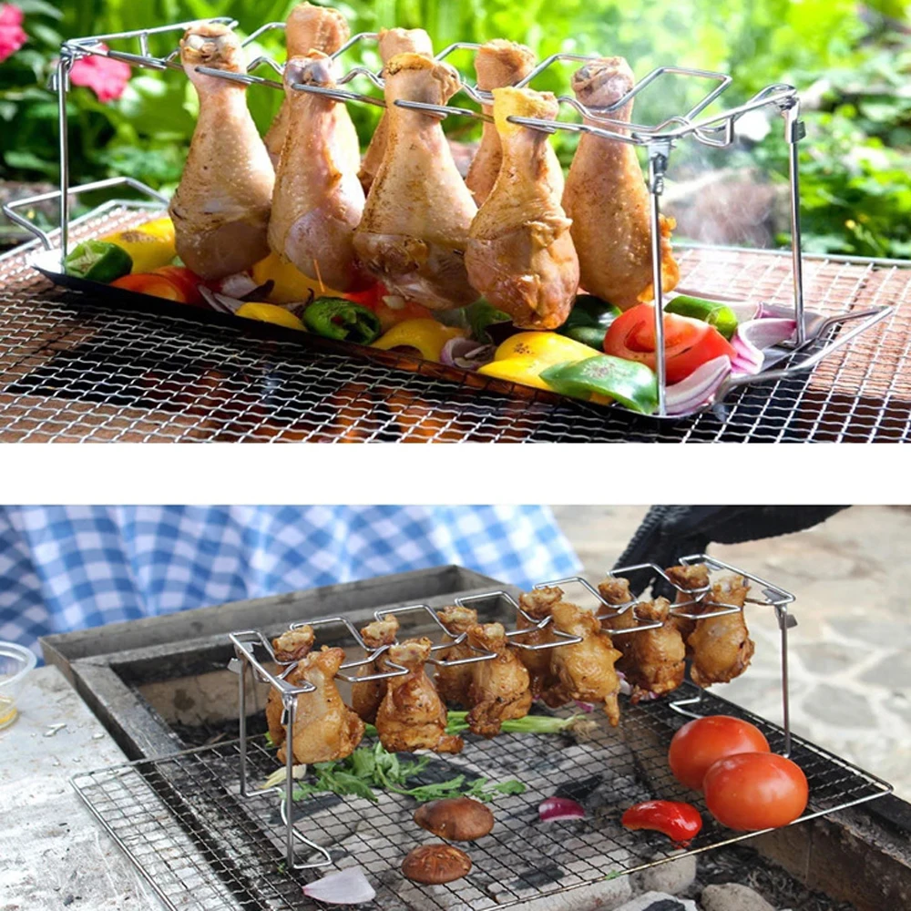 

Stainless Steel Chicken Wing Leg Drumstick Rack Grill Holder with Drip Pan for BBQ Multi-Purpose Chicken Leg Oven Grill Rack