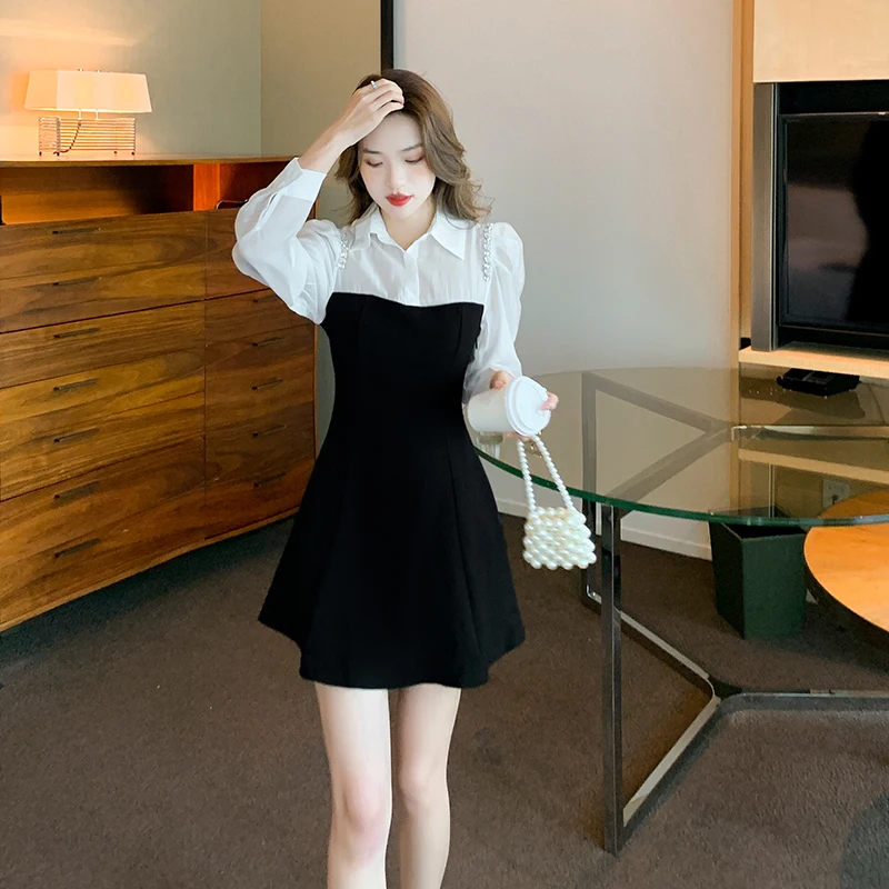

Chiffon Loose Women Dresses New Fashion Casual Long Sleeve Dress Splicing Polo Collar Autumn A-LINE Houthion
