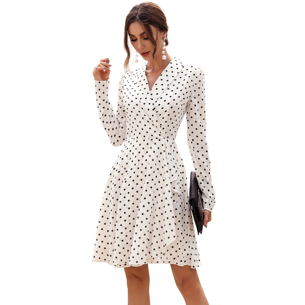 

Customzie Women Summer Fashion Casual Plus Size 3XS-10XL V Neck Long Sleeve Polka Dot Print Dress
