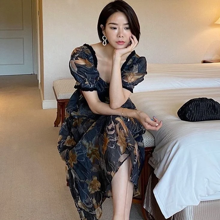 

Summer Women Fashion Elegant Office Lady Sexy Square Collar Hollow Out Bandage Dress Vintage Print A-line Short Sleeve Dress