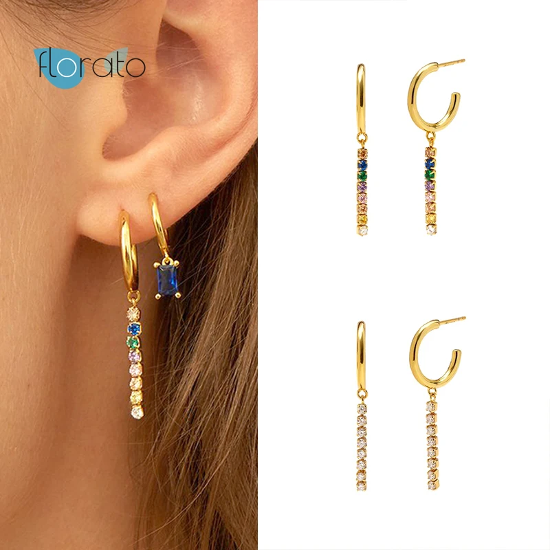 

925 Silver Ear Needle Hanging Stud Earrings for Women Gold Colorful Crystal Geometric Strip Earrings Simple Fashion Jewelry Gift