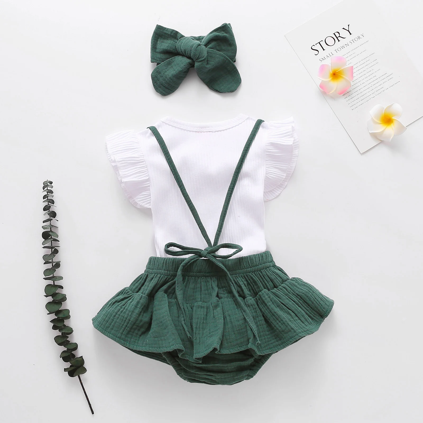 

Pudcoco 2020 Summer 0-24M Toddler Baby Girl 3Pcs Set Ruffled Short Sleeve White Top+Red/Yellow/Green Suspender Skirt+Headband