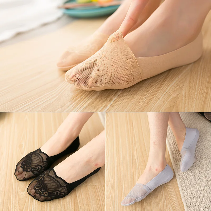 

Summer lace boat socks with cotton soles silicone non-slip invisible socks with thin lace socks for women
