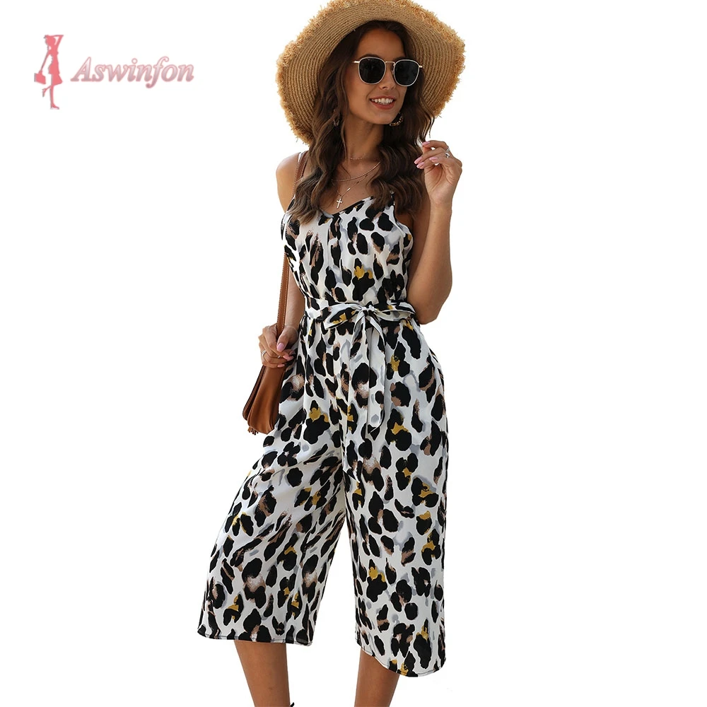 Женский леопардовый комбинезон Aswinfon повседневный на бретельках с v образным