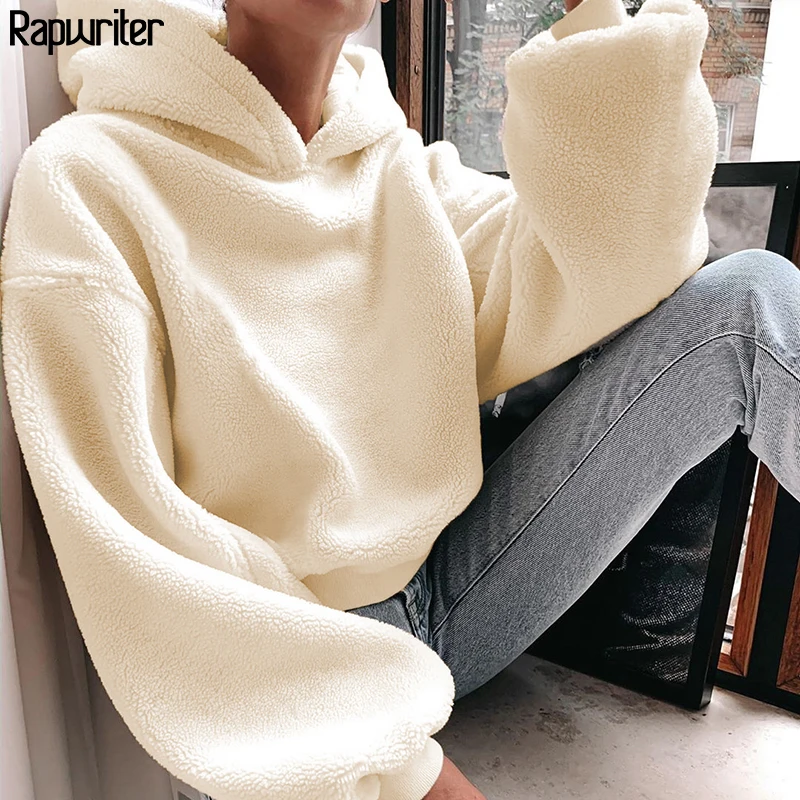 

Rapwriter Casual Loose Raglan Long Sleeve Keep Warm Furry Hoodies Women 2020 Fall Winter Harajuku Pullovers Sweatshirt Solid Top