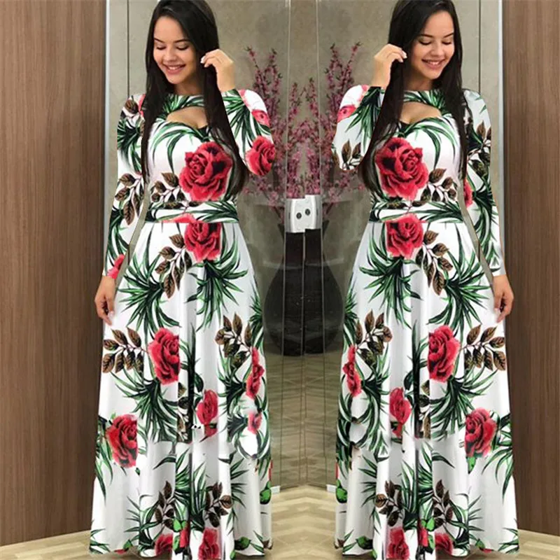 

Autumn Women Dress Casual Flower Print Long Dresses Elegant Hollow Out Empire Long Sleeve Party Dresses Vestidos Plus Size S-5XL