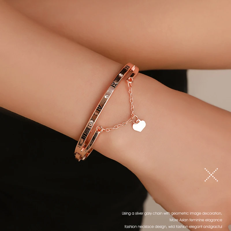 

Hot Luxury Rose Gold Stainless Steel Bracelets Bangles Female Heart Wedding Love Charm for Women Famous Jewelry