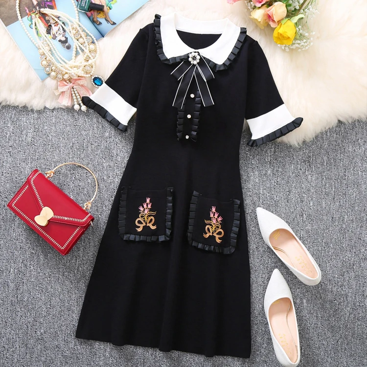 Trytree Autumn Winter Women Dress Casual Peter pan Collar Bow Embroidery Pocket Shirt Dresses Knitting Black Straight Mini Dress