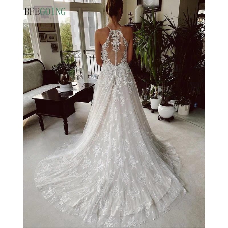 

Ivory Lace Appliques Sleeveless Halter Floor-Length A-Line Wedding Dresses Chapel Train Bridal Gowns Custom Made