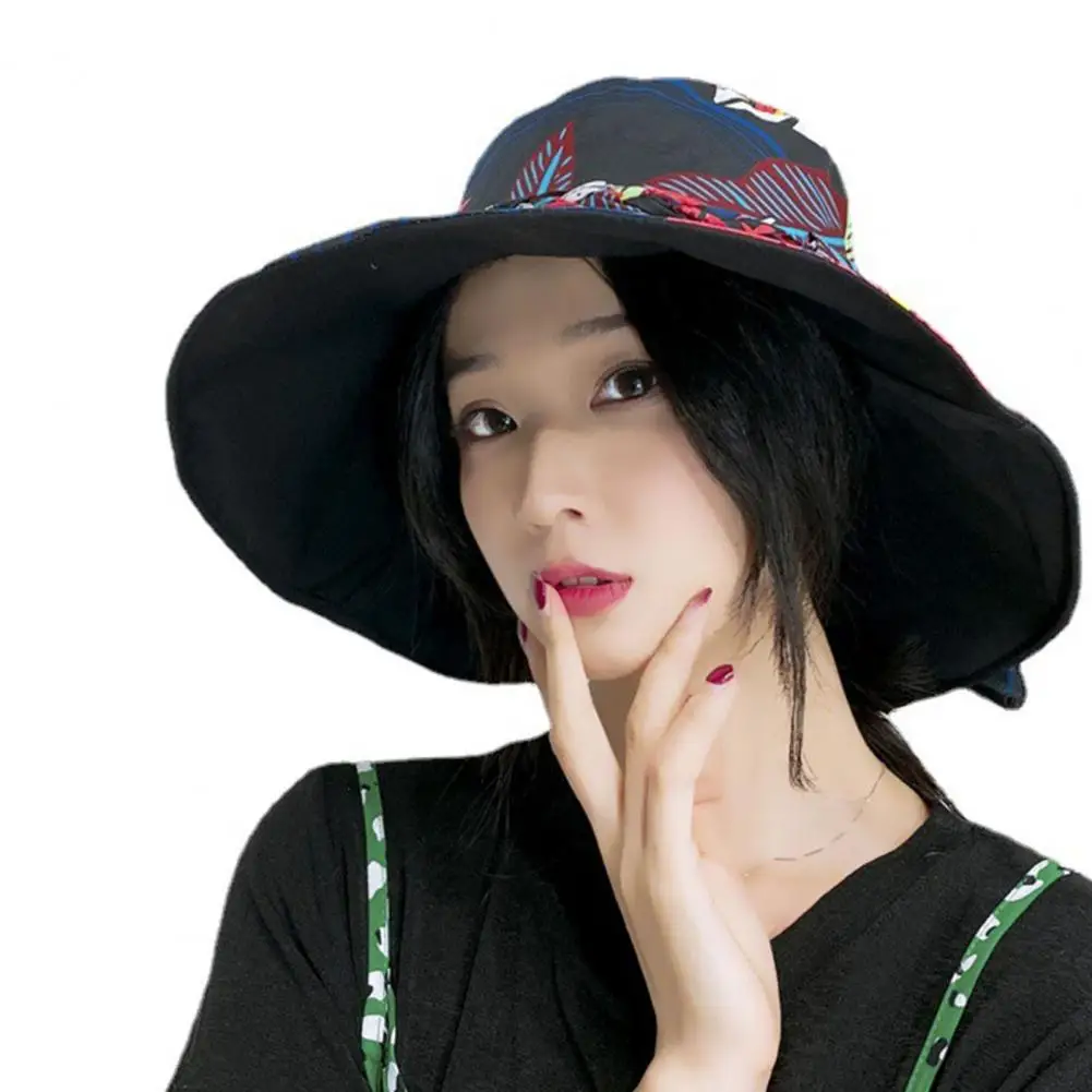 

Bucket Hat Flower Printing Anti-UV Bow Superlarge Brim Foldable Sun Cap Fashion Accessories UV Protect Travel