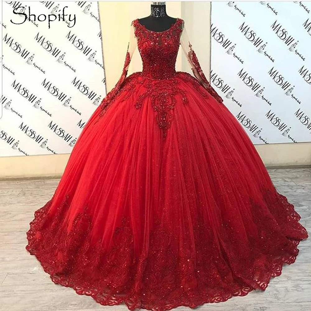 Charms Puffy Ball Gown Sweet 16 Mexican Girls Long Sleeve Red Tulle Beaded Lace African Cinderella Quinceanera Dresses 2022