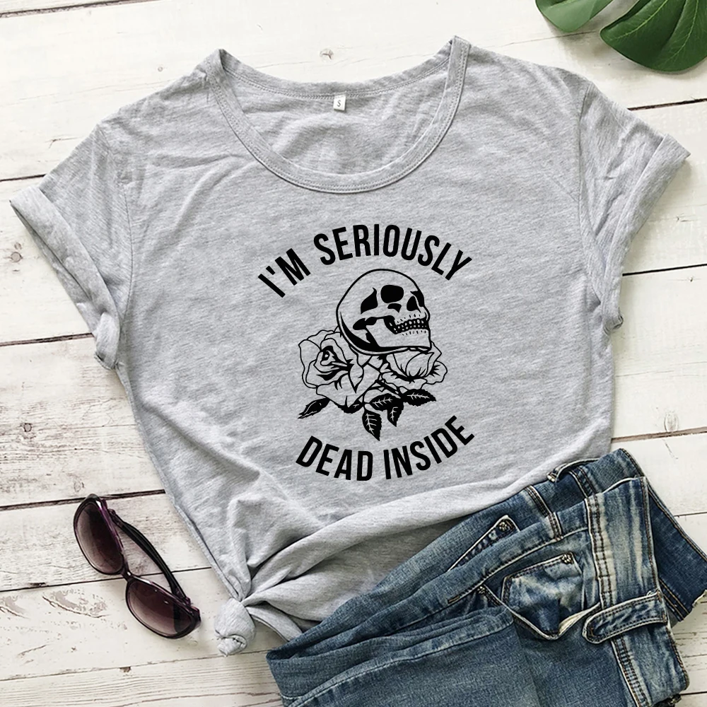 gray-black text Футболка с принтом «I'M Dead Inside Skull»; Летняя Повседневная футболка с короткими рукавами и принтом в виде черепа; стильная футболка в стиле Харадзюку С гранж; модные топы; Camisetas - Цвет: gray-black text