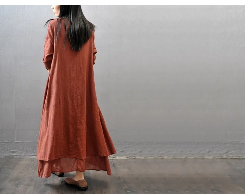 

Rusty Red Dress Women Robe Femme Long Dress Vestido De Festa Plus Size Vintage Dress Imitation Cotton Linen Dresses for Women