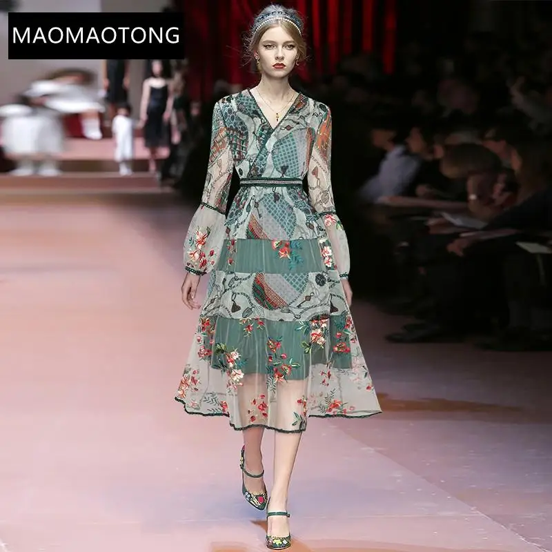 

Fashion Designer Summer Mesh Elegant Dress Women's V-neck Lantern Sleeve Embroidered Vintage Party Midi Dress Vestidos