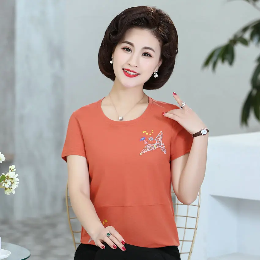

Pink Yellow Orange Floral Embroidery Cotton T-Shirt Women Summer Round Collar Short Sleeve Cozy Tops Skin-friendly Leisure Wear