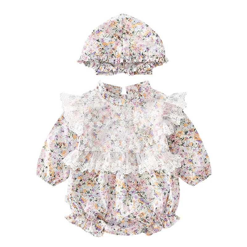 Одежда для маленьких девочек детский цветочный хлопковый комбинезон + шапочка