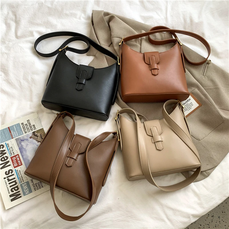 

Vintage Bucket Small Shoulder Bags For Women Wide Strap Zipper Closure High Quality PU Leather Ladies Crossbody Bags Winter 2021